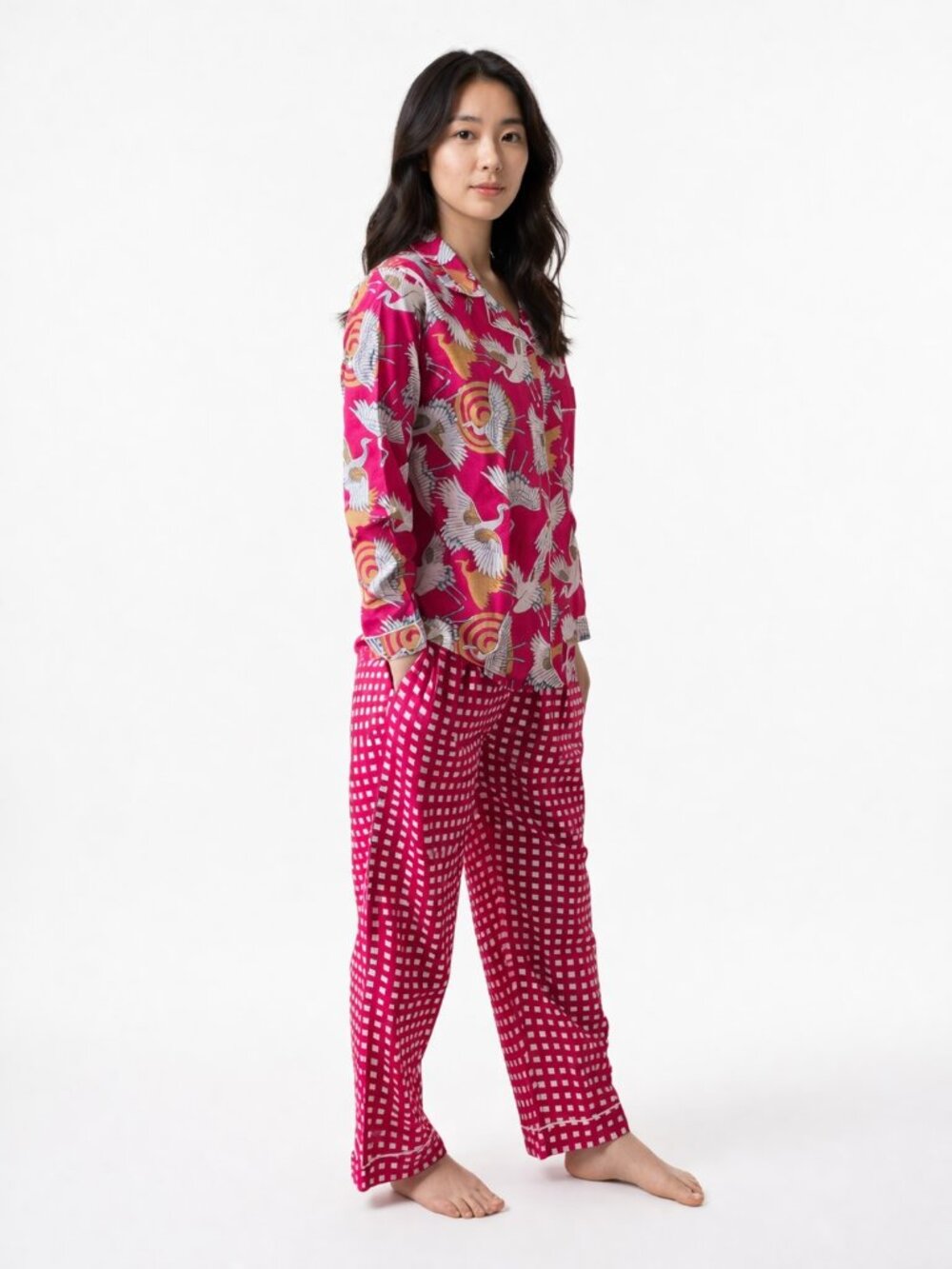 Yaza Pink Cranes Long Cotton Pajama Set with Travel Pouch